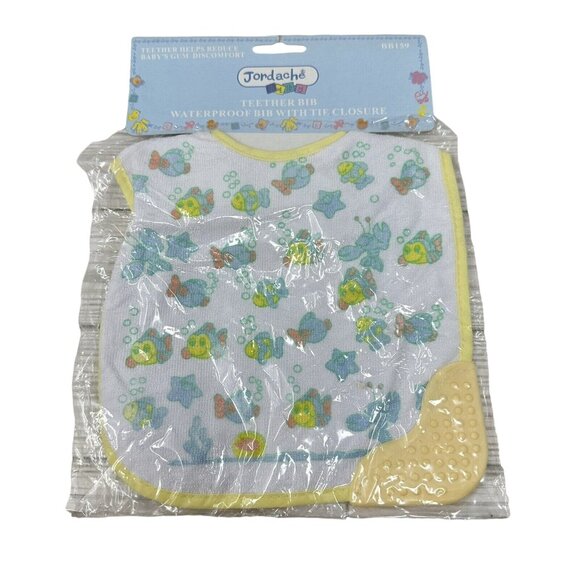 Vintage Jordache Baby Terry Cloth Teether Bib Fish Print Yellow Trim BB159 - Picture 1 of 11